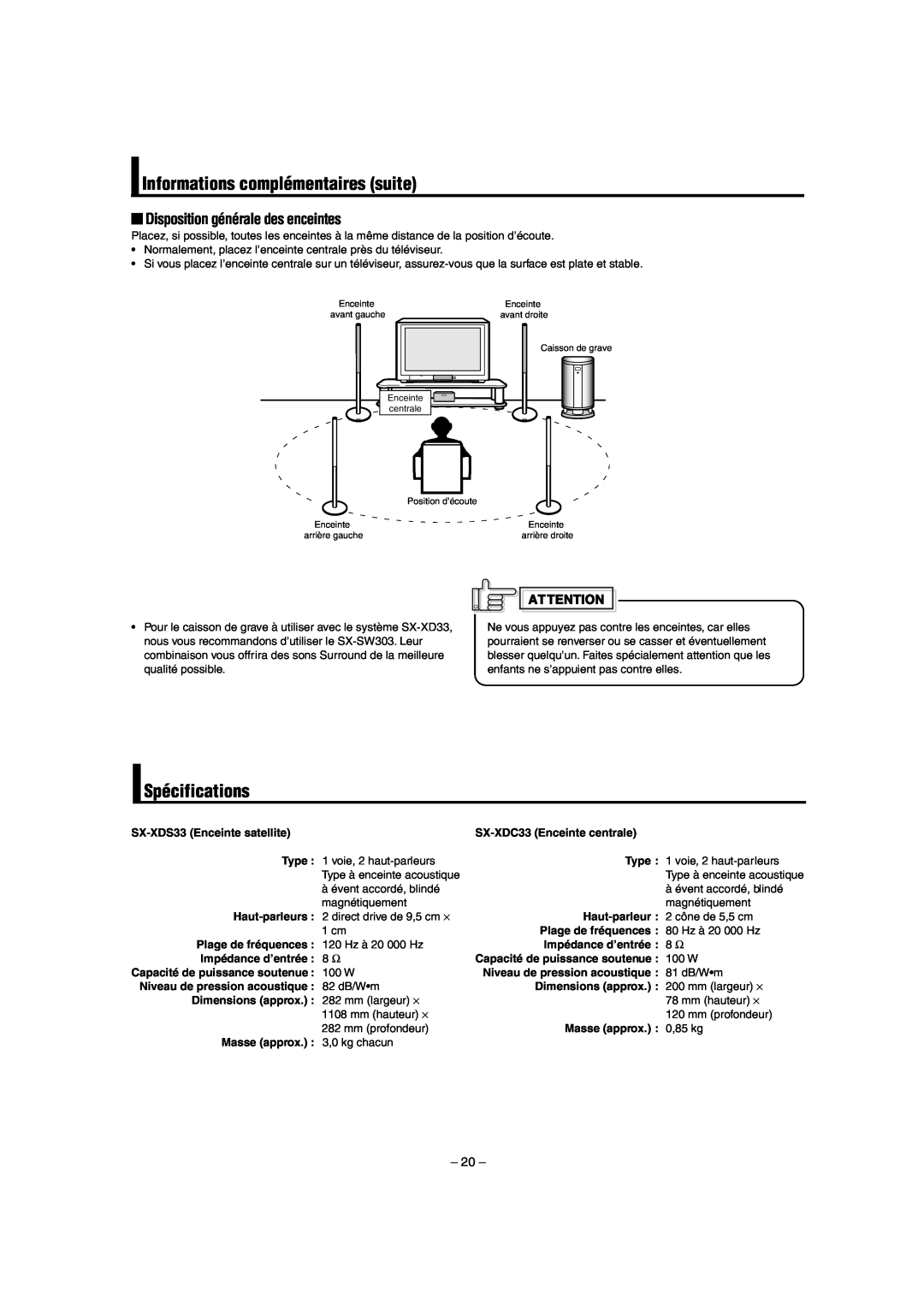 JVC LVT0953-001B manual Informations complémentaires suite, Spécifications, Disposition générale des enceintes 