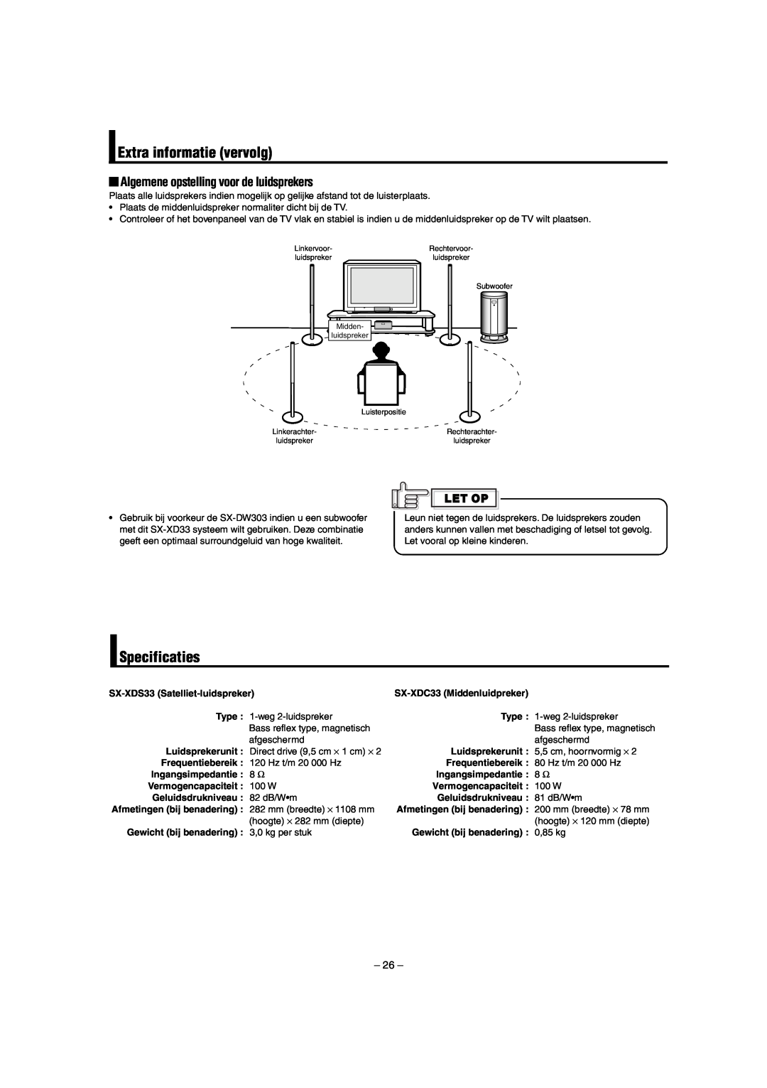 JVC LVT0953-001B manual Extra informatie vervolg, Specificaties, Algemene opstelling voor de luidsprekers 