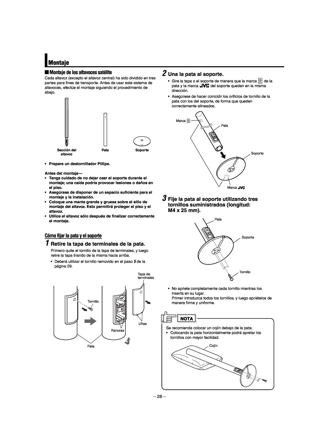 JVC LVT0953-001B manual Montaje de los altavoces satélite, Una la pata al soporte, Cómo fijar la pata y el soporte 