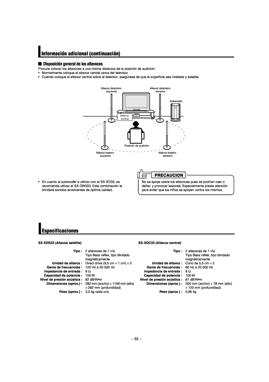JVC LVT0953-001B manual Información adicional continuación, Especificaciones, Disposición general de los altavoces 