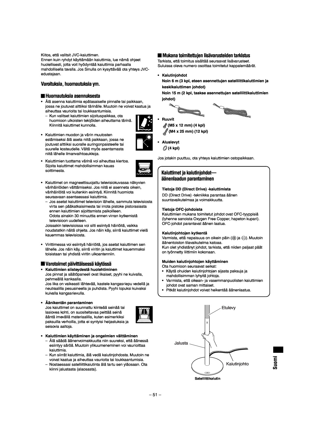 JVC LVT0953-001B manual Varoituksia, huomautuksia ym, Huomautuksia asennuksesta, Varotoimet päivittäisessä käytössä, Suomi 