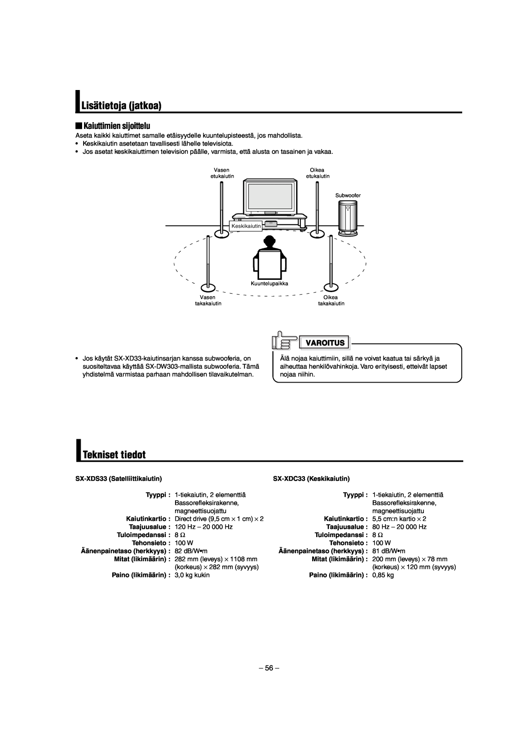 JVC LVT0953-001B manual Lisätietoja jatkoa, Tekniset tiedot, Kaiuttimien sijoittelu 