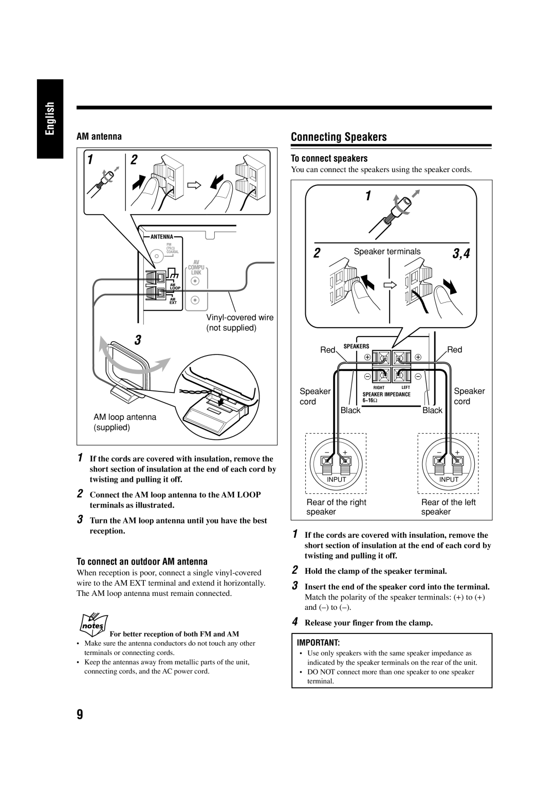 JVC LVT0954-007A manual Connecting Speakers, To connect an outdoor AM antenna, To connect speakers 