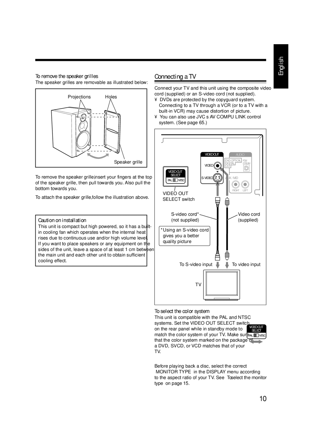 JVC LVT0954-007A manual Connecting a TV, To remove the speaker grilles, To select the color system 