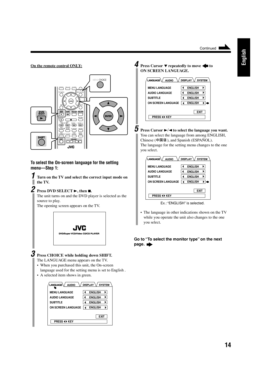 JVC LVT0954-007A To select the On-screen language for the setting menu-Step, Go to To select the monitor type on the next 