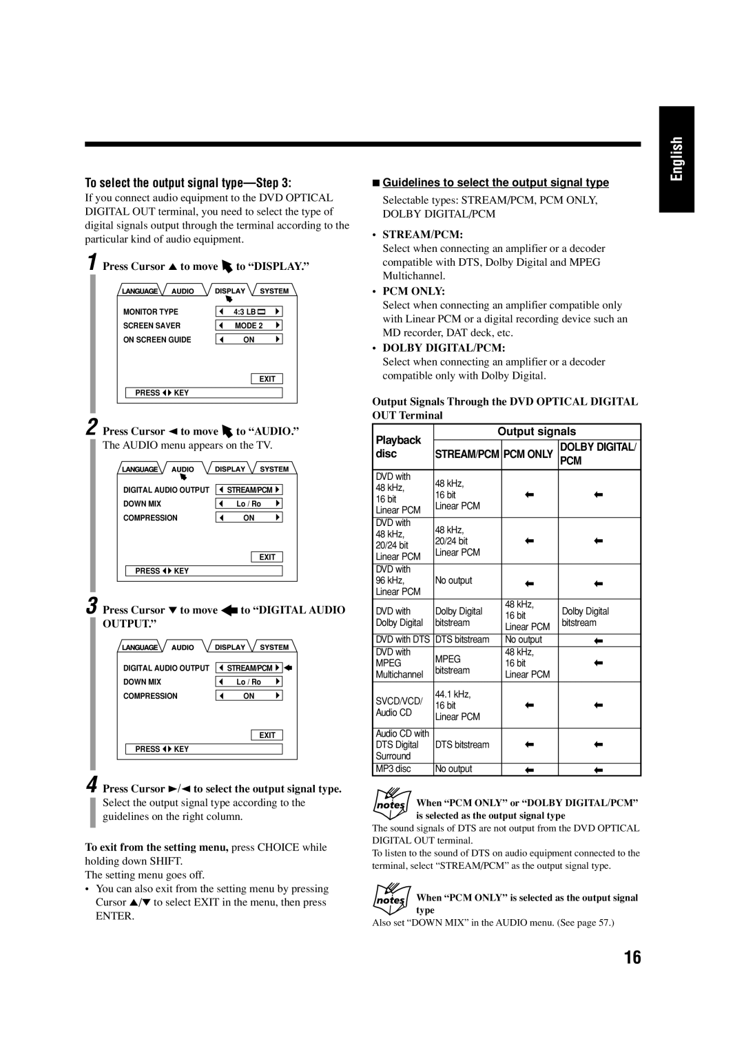 JVC LVT0954-007A manual To select the output signal type-Step, Guidelines to select the output signal type, Disc 