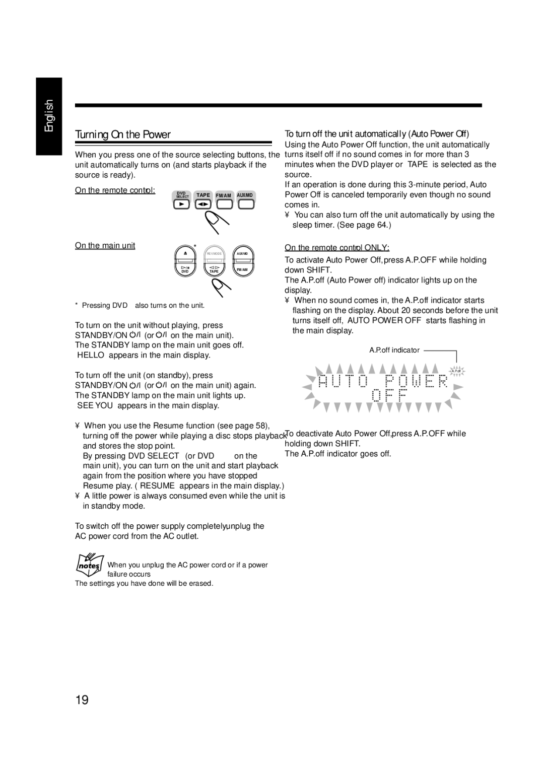 JVC LVT0954-007A manual Turning On the Power, To turn off the unit automatically Auto Power Off 