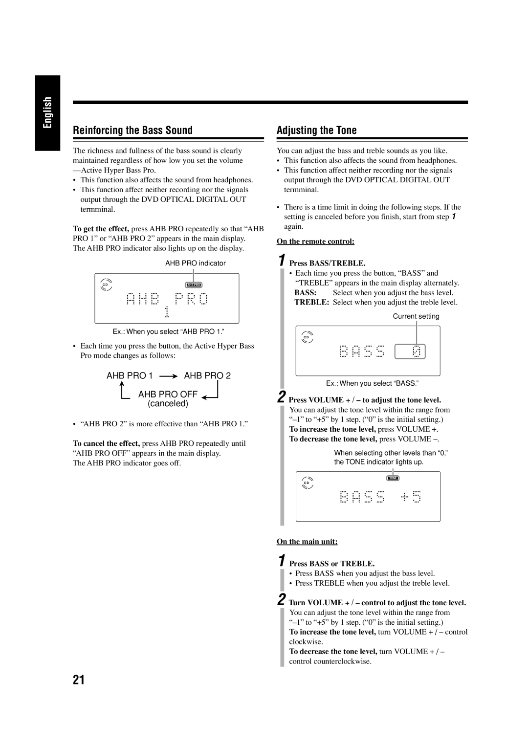 JVC LVT0954-007A manual Reinforcing the Bass Sound, Adjusting the Tone 