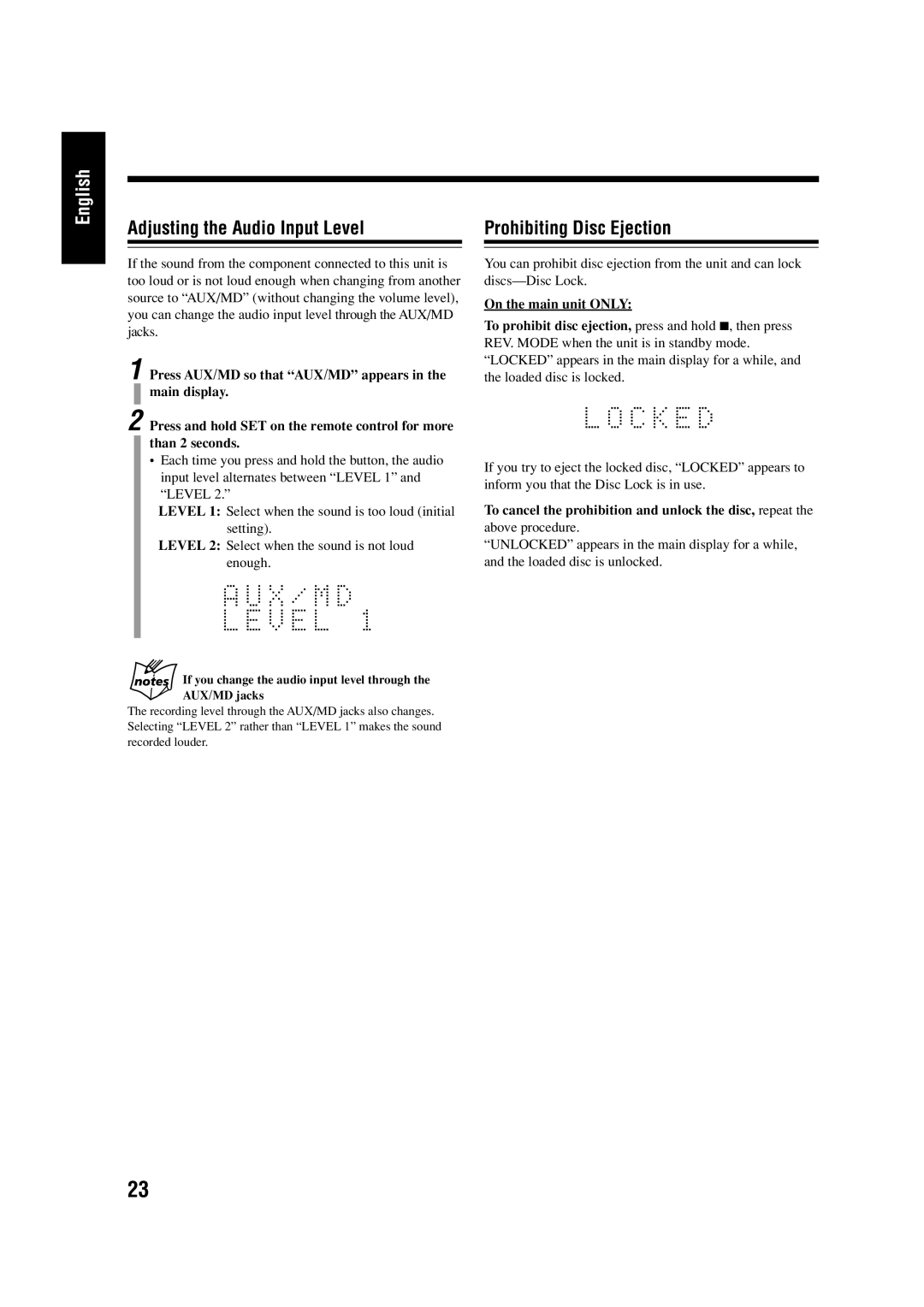 JVC LVT0954-007A manual Adjusting the Audio Input Level Prohibiting Disc Ejection, On the main unit only 