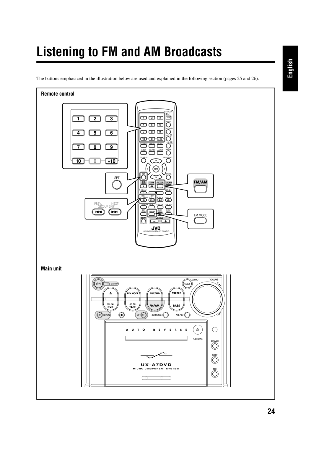 JVC LVT0954-007A manual Listening to FM and AM Broadcasts, Remote control 