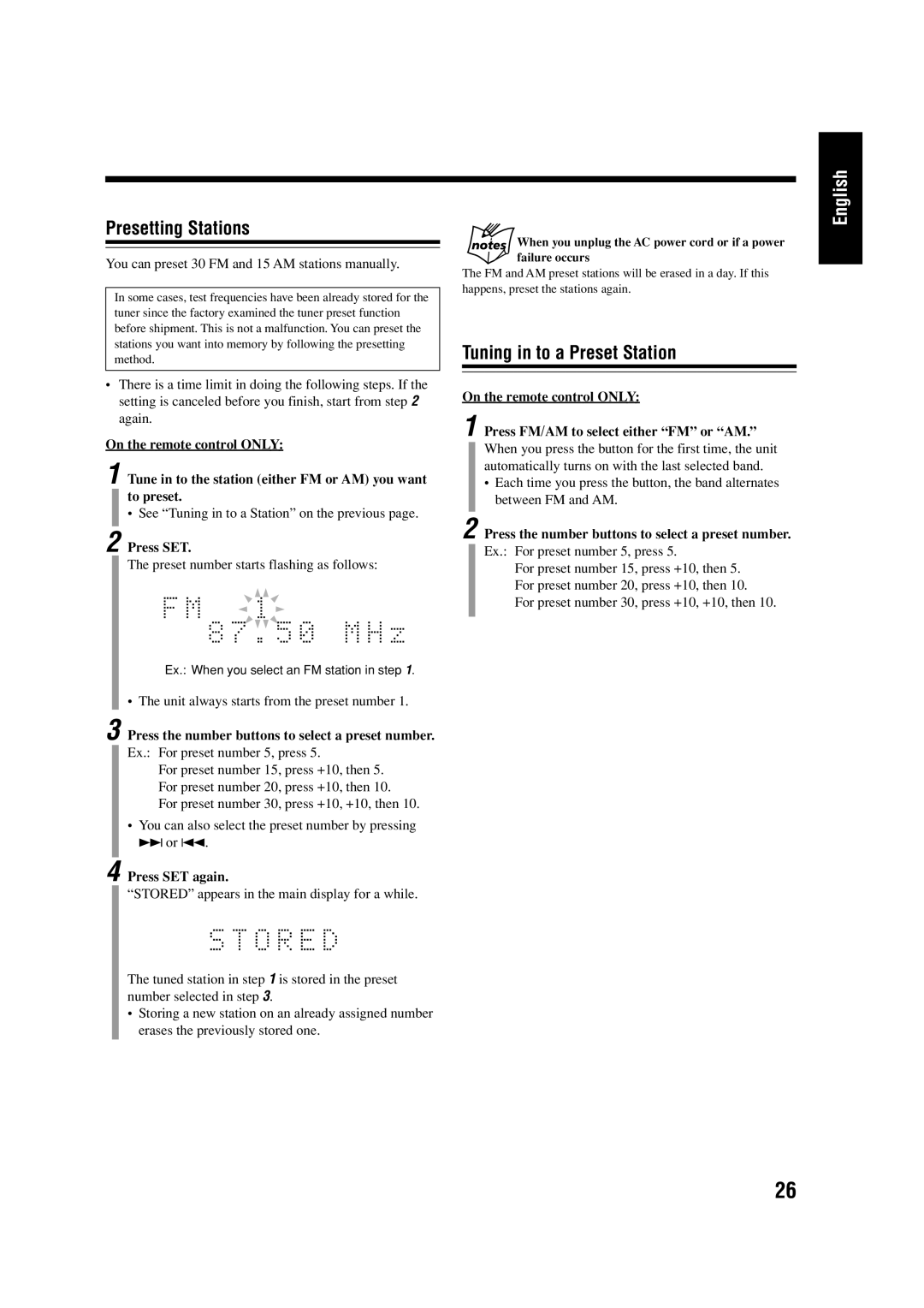 JVC LVT0954-007A Presetting Stations, Tuning in to a Preset Station, Press the number buttons to select a preset number 