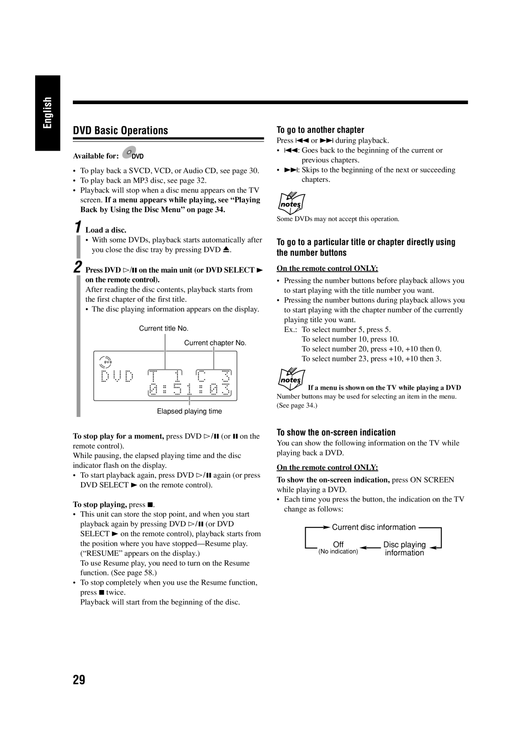 JVC LVT0954-007A manual DVD Basic Operations, To go to another chapter, To show the on-screen indication 