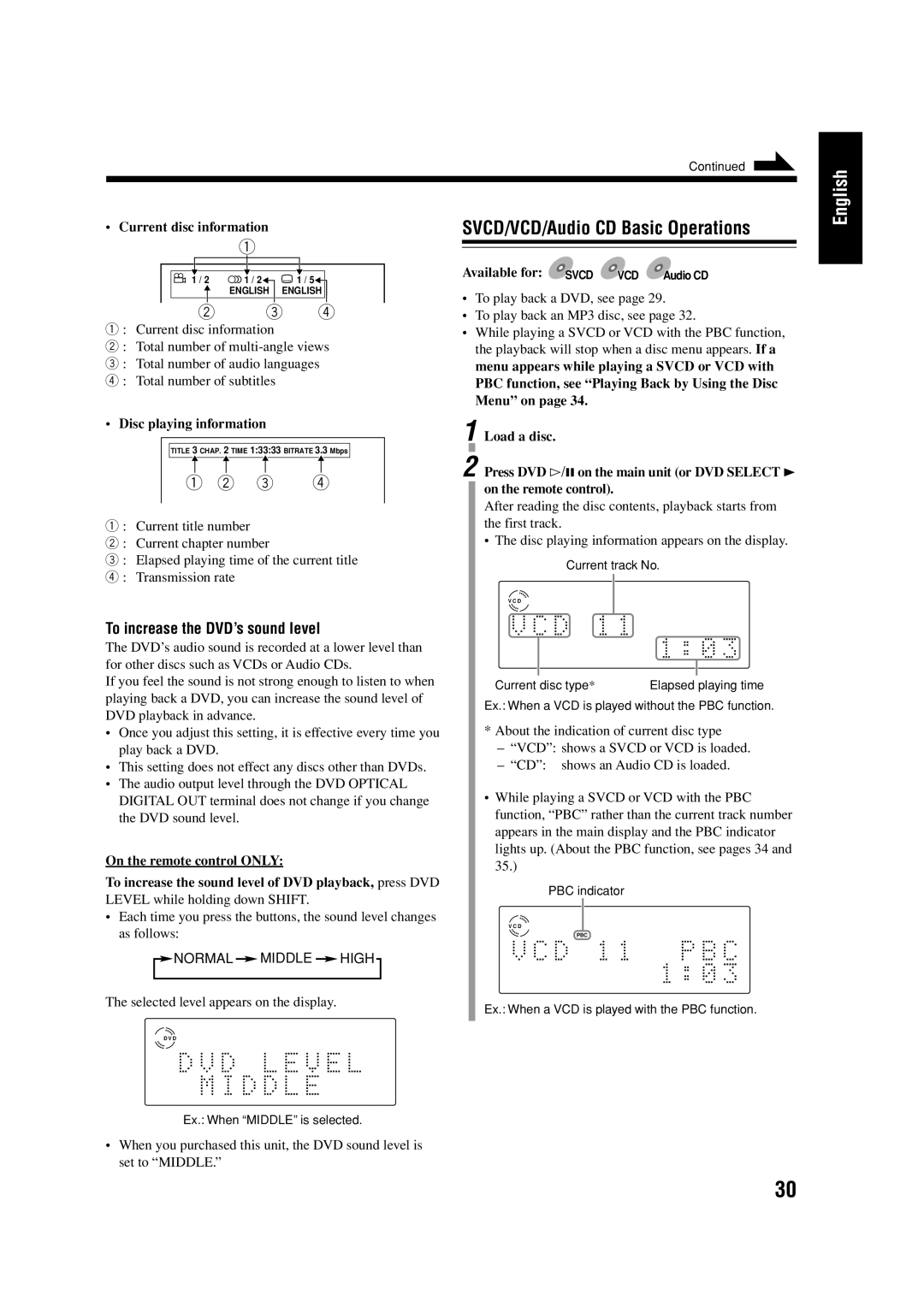 JVC LVT0954-007A manual SVCD/VCD/Audio CD Basic Operations, To increase the DVD’s sound level, Current disc information 