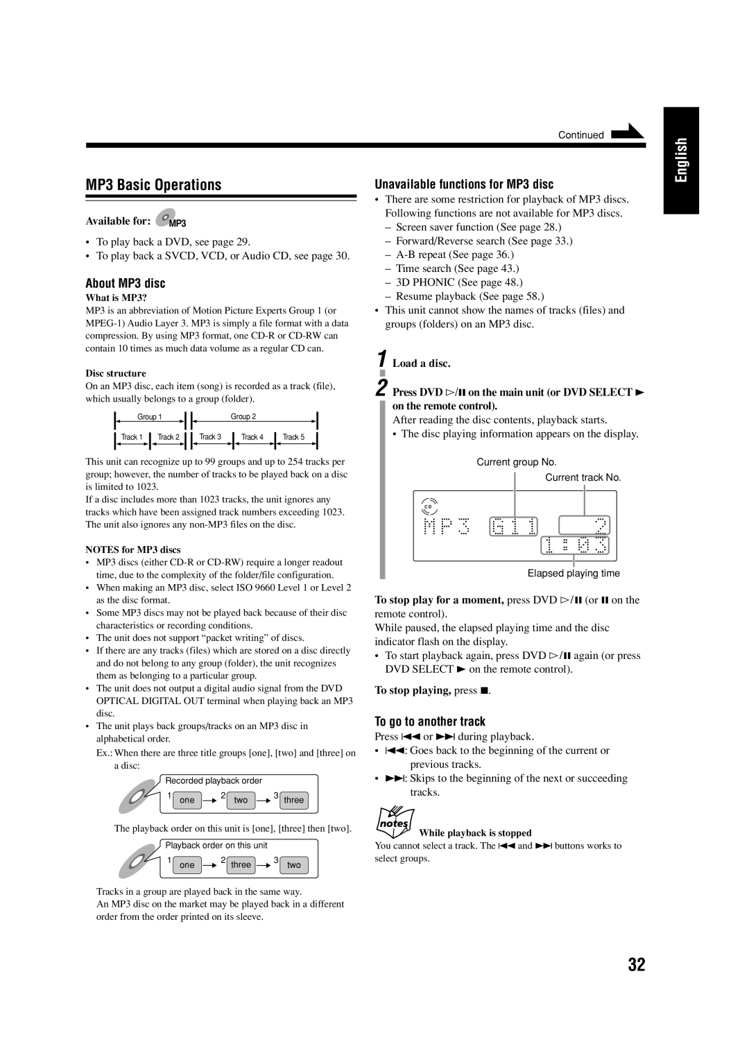 JVC LVT0954-007A manual MP3 Basic Operations, About MP3 disc, Unavailable functions for MP3 disc, Available for MP3 