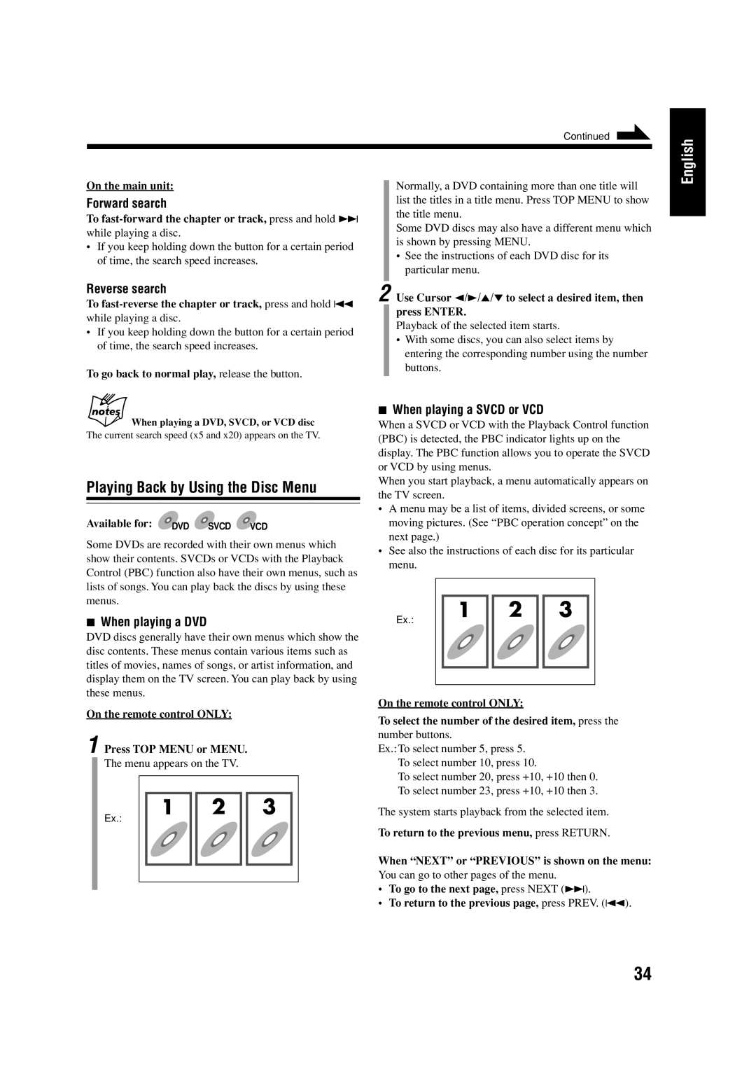 JVC LVT0954-007A manual Playing Back by Using the Disc Menu, When playing a DVD, When playing a Svcd or VCD 