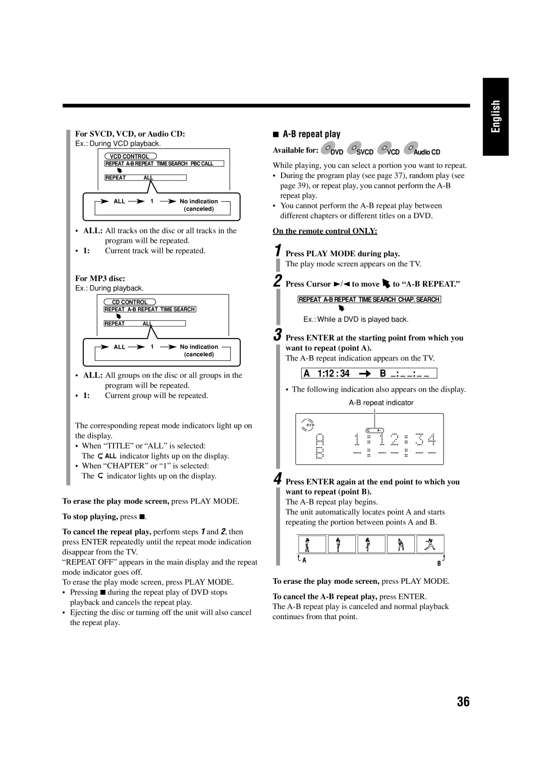 JVC LVT0954-007A manual B repeat play, On the remote control only Press Play Mode during play 