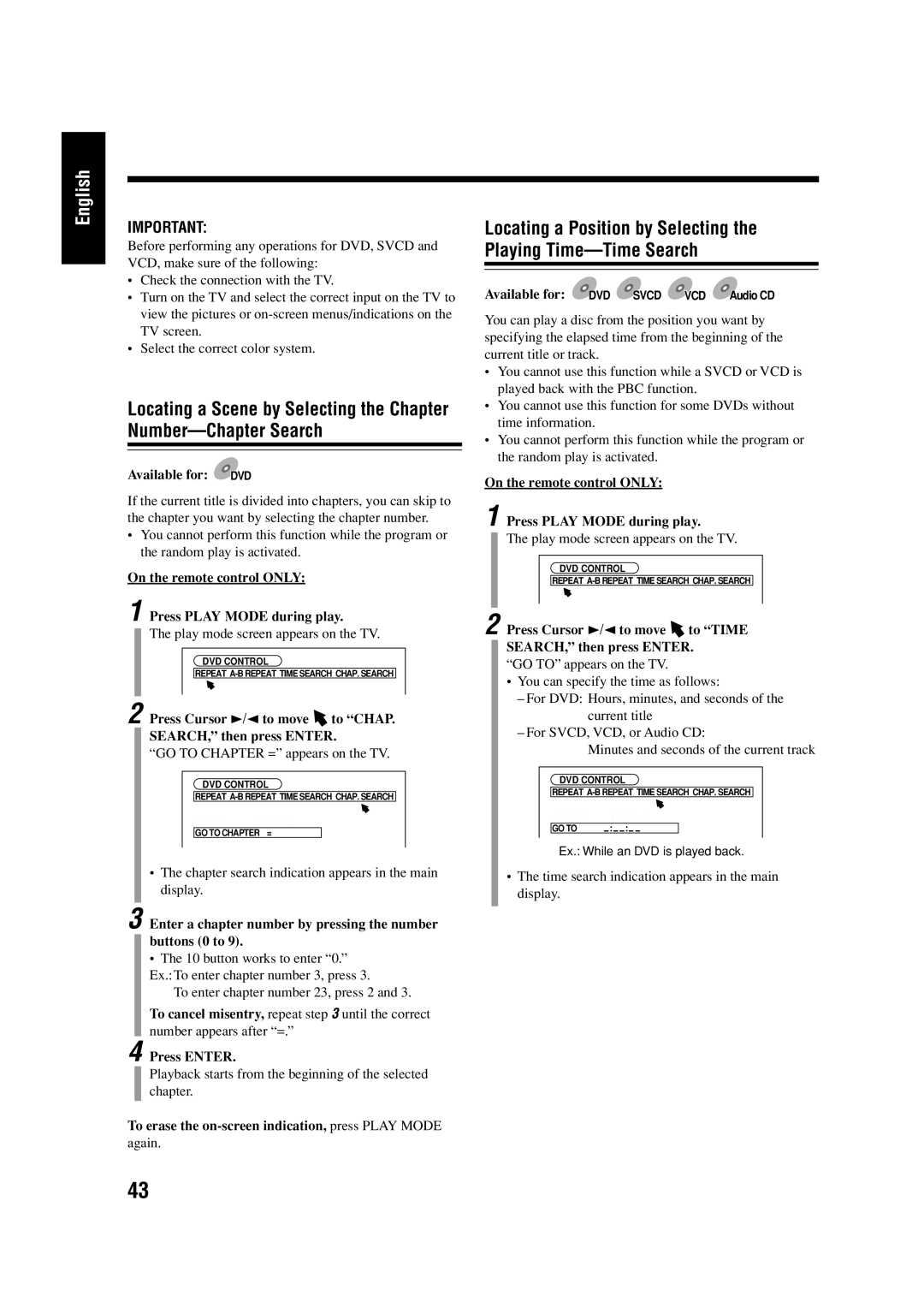 JVC LVT0954-007A manual Press Cursor 3/2 to move to Chap SEARCH, then press Enter 