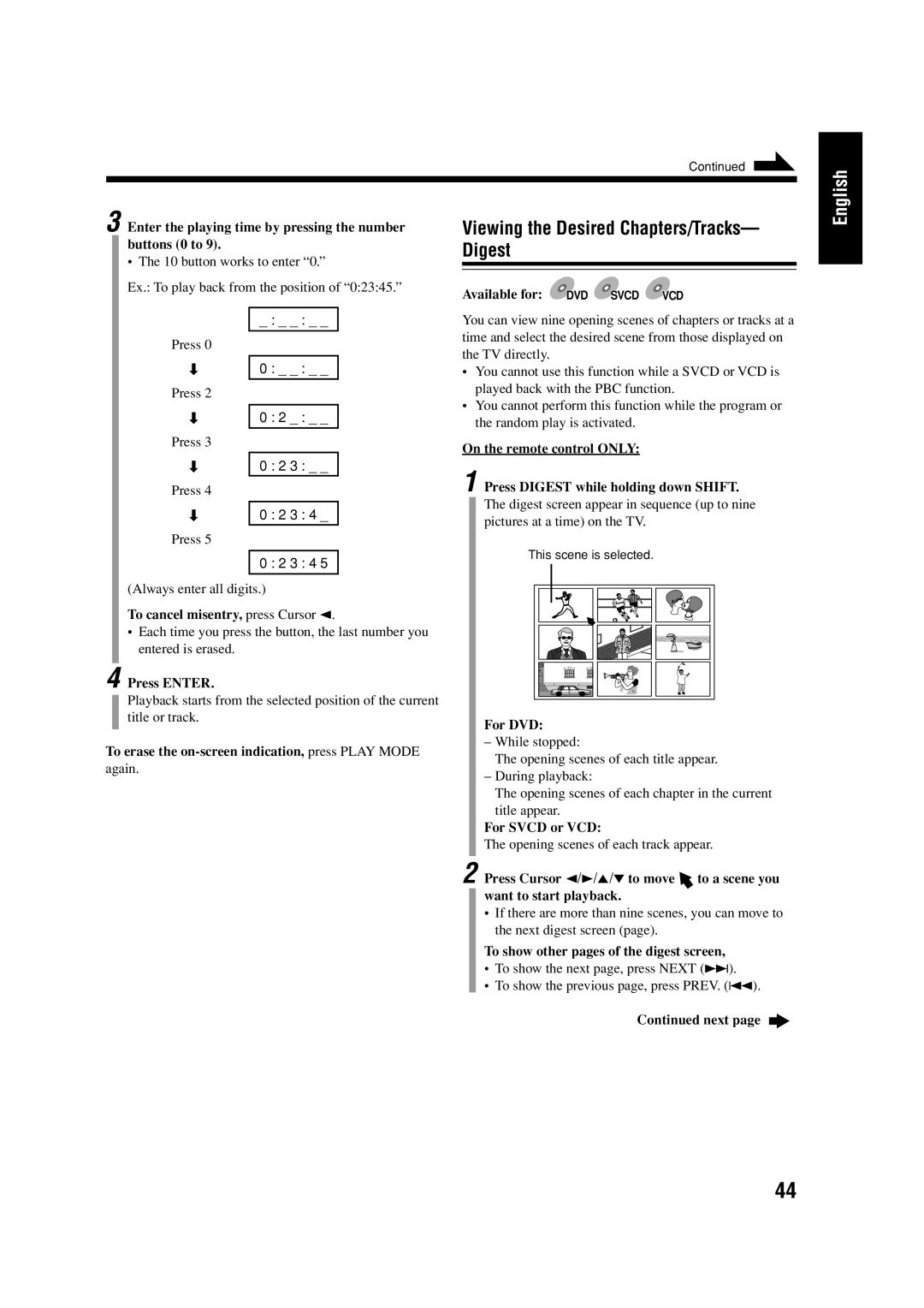 JVC LVT0954-007A manual Viewing the Desired Chapters/Tracks- Digest 