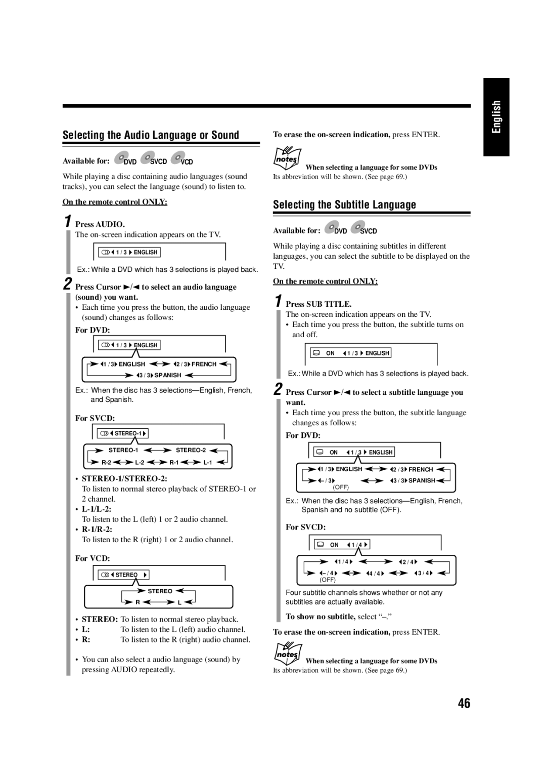 JVC LVT0954-007A manual Selecting the Audio Language or Sound, Selecting the Subtitle Language 