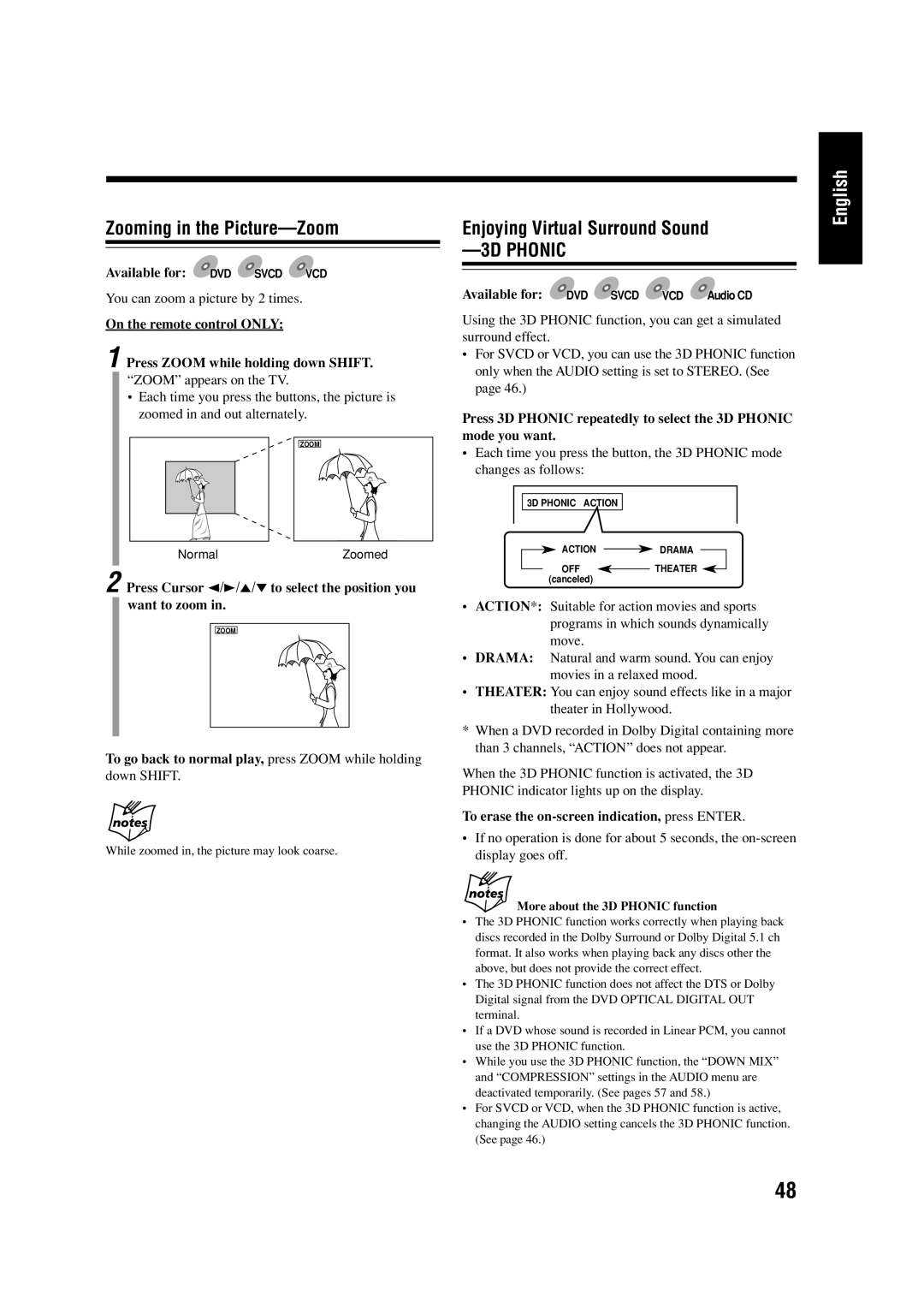 JVC LVT0954-007A manual Zooming in the Picture-Zoom, Enjoying Virtual Surround Sound, You can zoom a picture by 2 times 