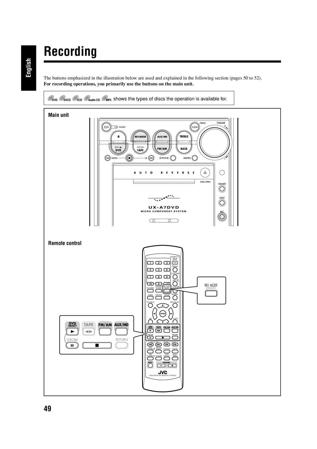 JVC LVT0954-007A manual Recording, DVD Tape FM/AM AUX/MD 