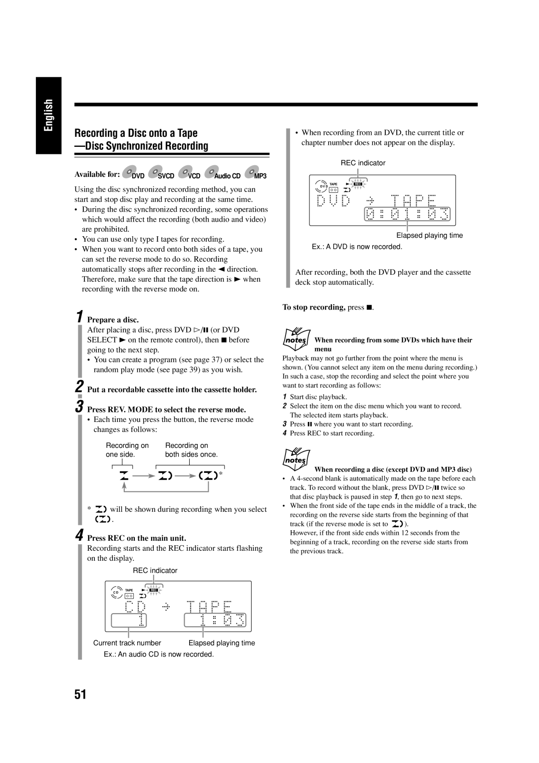 JVC LVT0954-007A Recording a Disc onto a Tape -Disc Synchronized Recording, Prepare a disc, Press REC on the main unit 