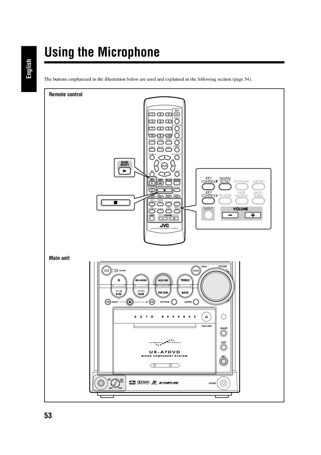 JVC LVT0954-007A manual Using the Microphone, Bass 