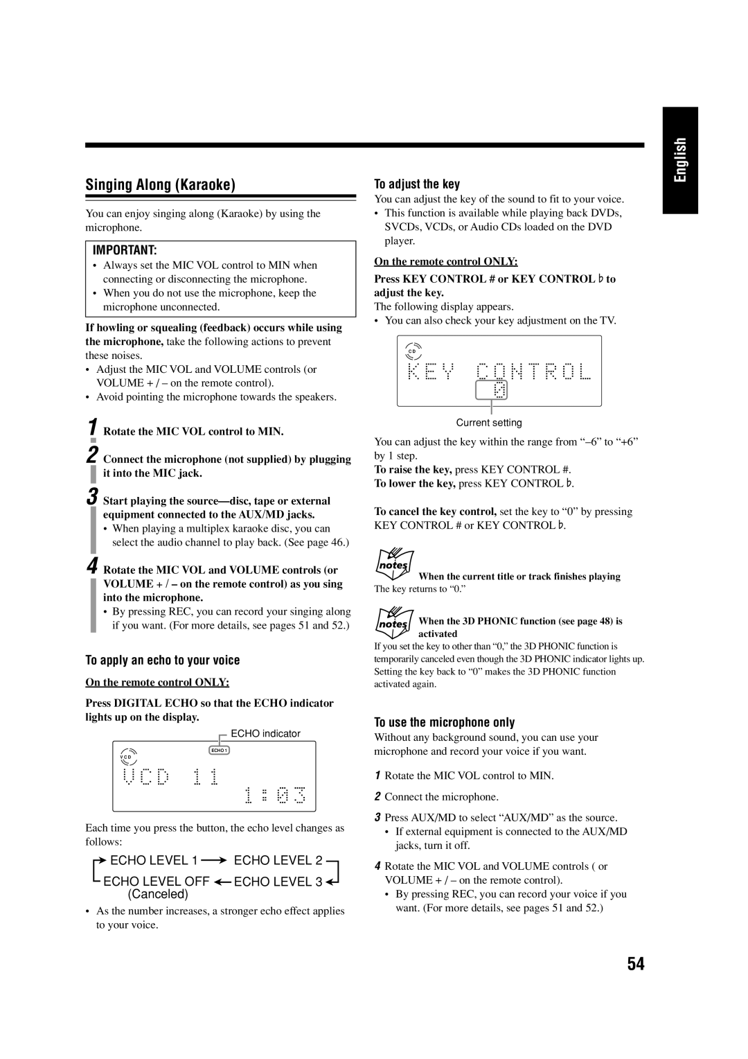 JVC LVT0954-007A Singing Along Karaoke, To apply an echo to your voice, To adjust the key, To use the microphone only 