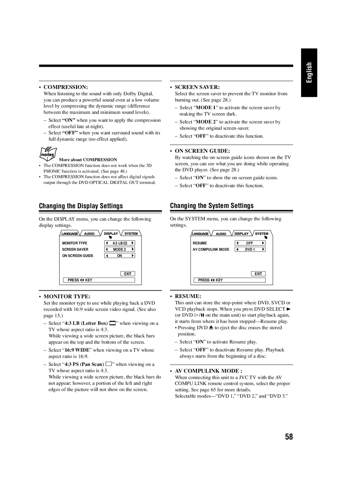 JVC LVT0954-007A manual Changing the Display Settings, Changing the System Settings, More about Compression 