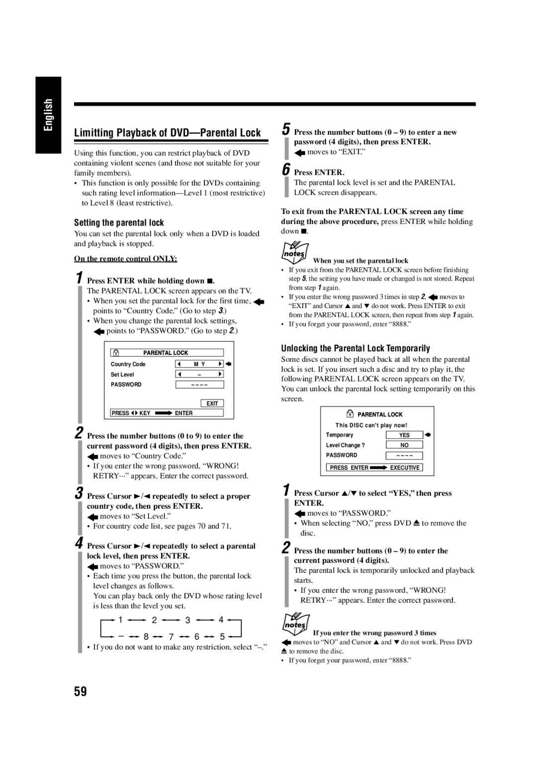 JVC LVT0954-007A manual Setting the parental lock, Unlocking the Parental Lock Temporarily 