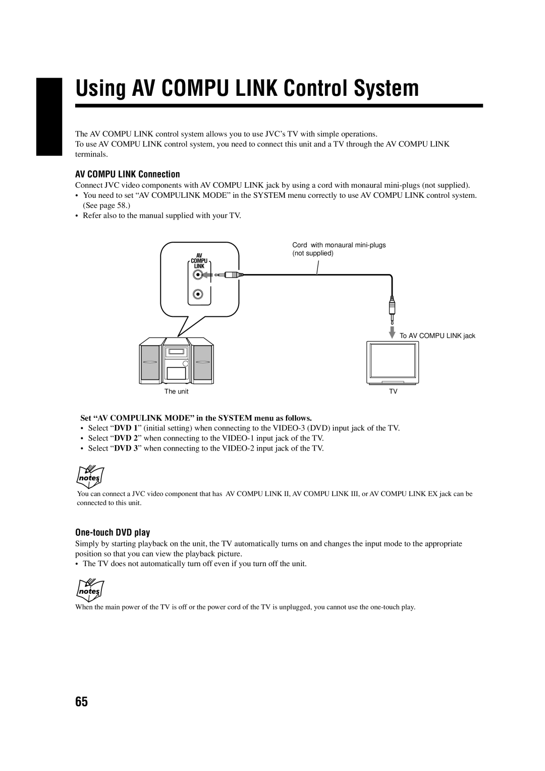 JVC LVT0954-007A manual Using AV Compu Link Control System, AV Compu Link Connection, One-touch DVD play 