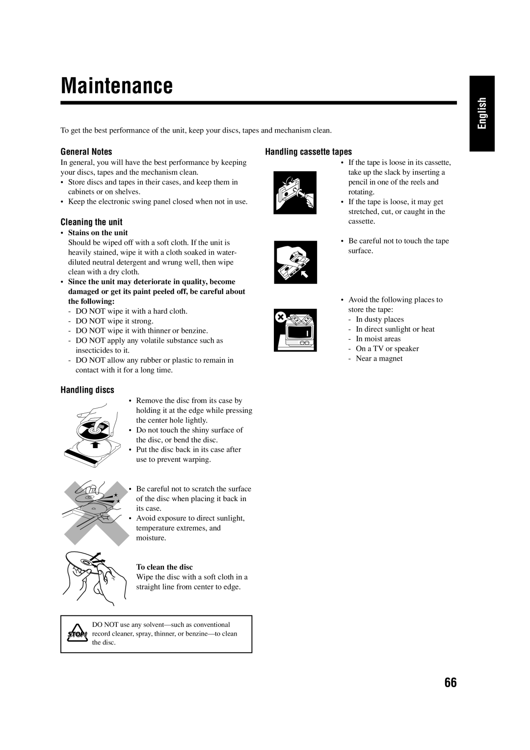 JVC LVT0954-007A manual Maintenance, General Notes, Cleaning the unit, Handling discs, Handling cassette tapes 