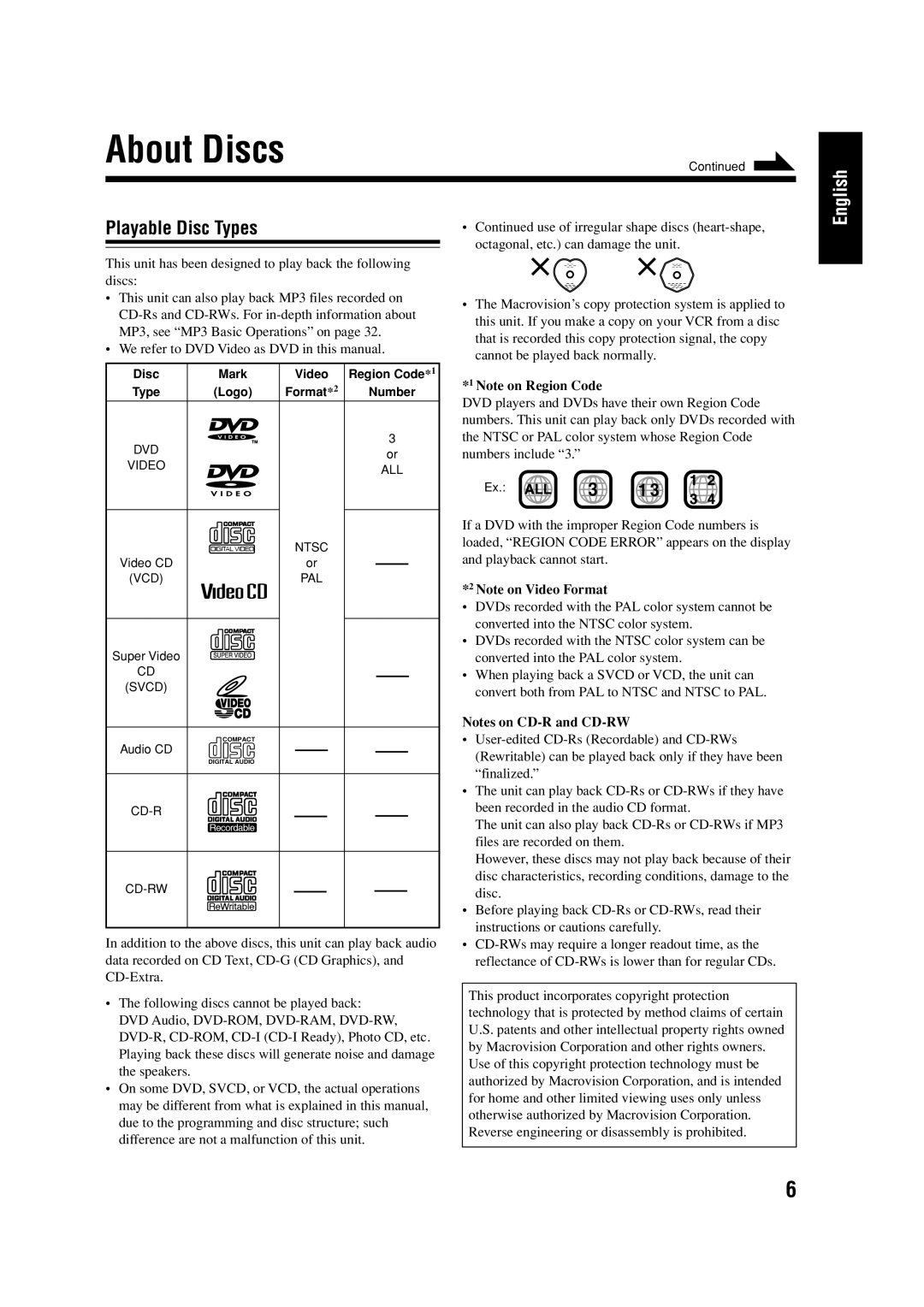 JVC LVT0954-007A manual About Discs, Playable Disc Types 