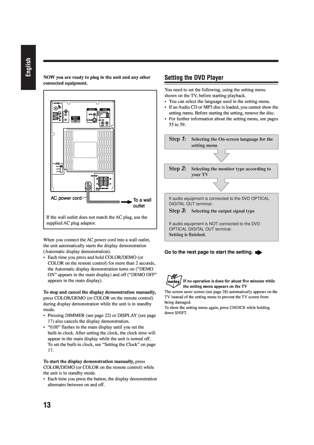 JVC LVT0954-007A manual Setting the DVD Player, English, Go to the next page to start the setting 