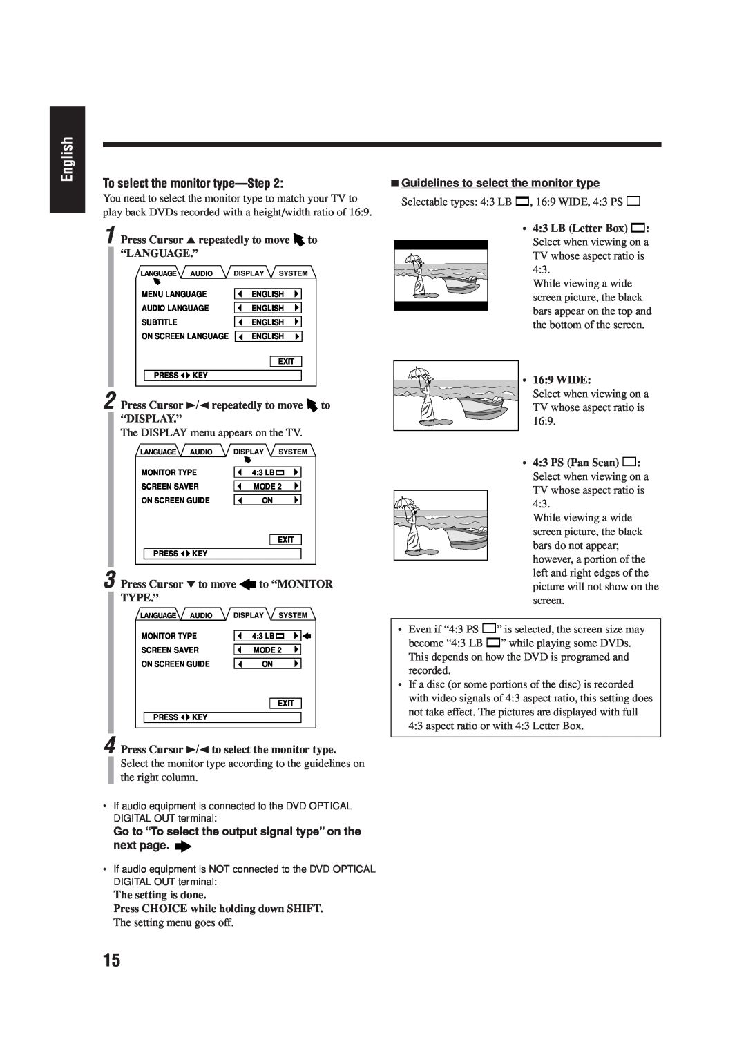 JVC LVT0954-007A manual English, To select the monitor type, 7Guidelines to select the monitor type 