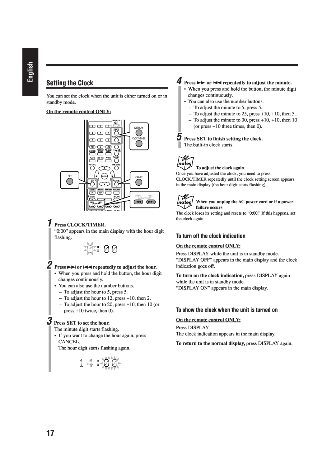JVC LVT0954-007A manual Setting the Clock, English, To turn off the clock indication 