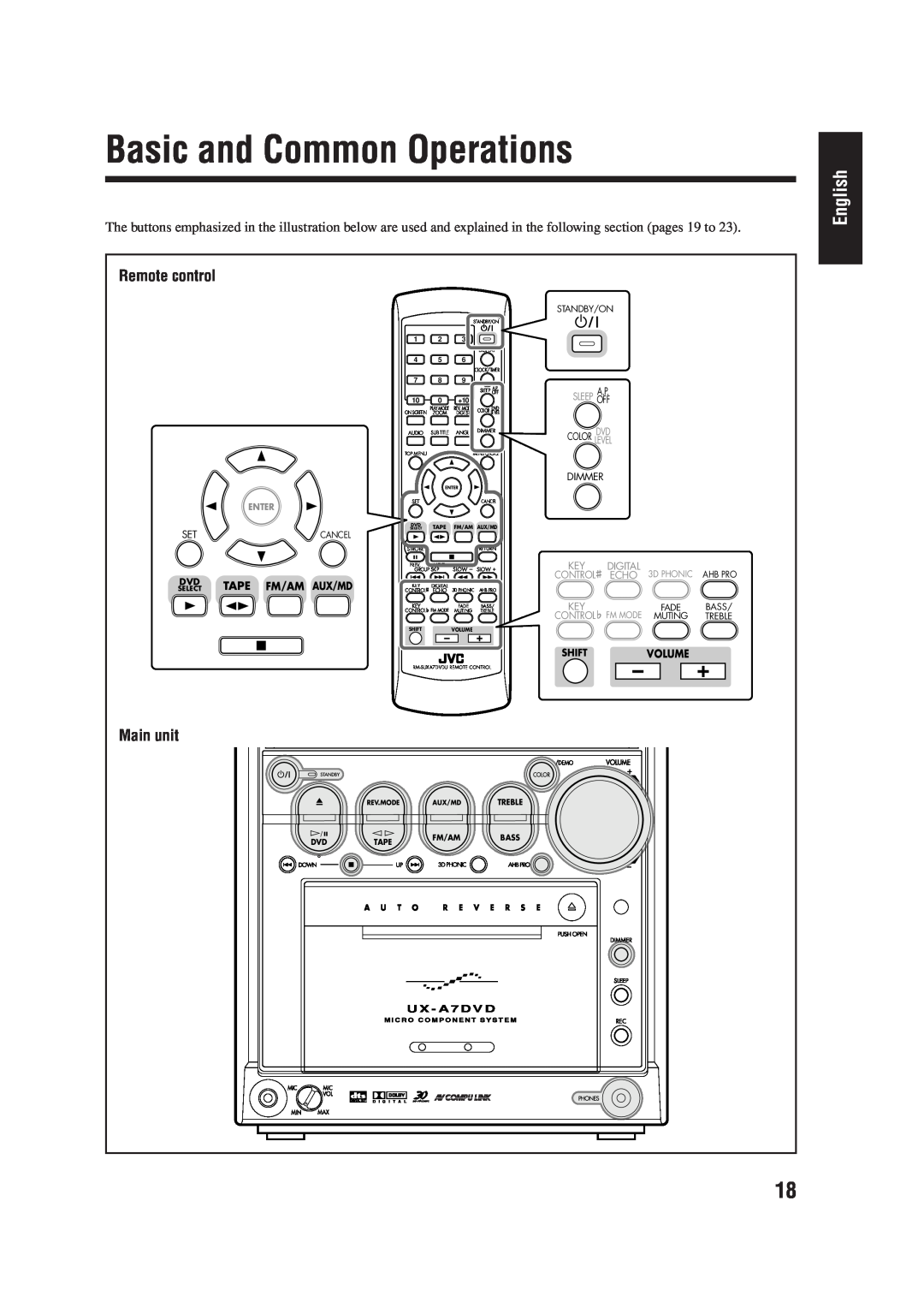 JVC LVT0954-007A Basic and Common Operations, English, Main unit, Remote control, Tape, Fm/Am, Volume, Color Level, Dimmer 