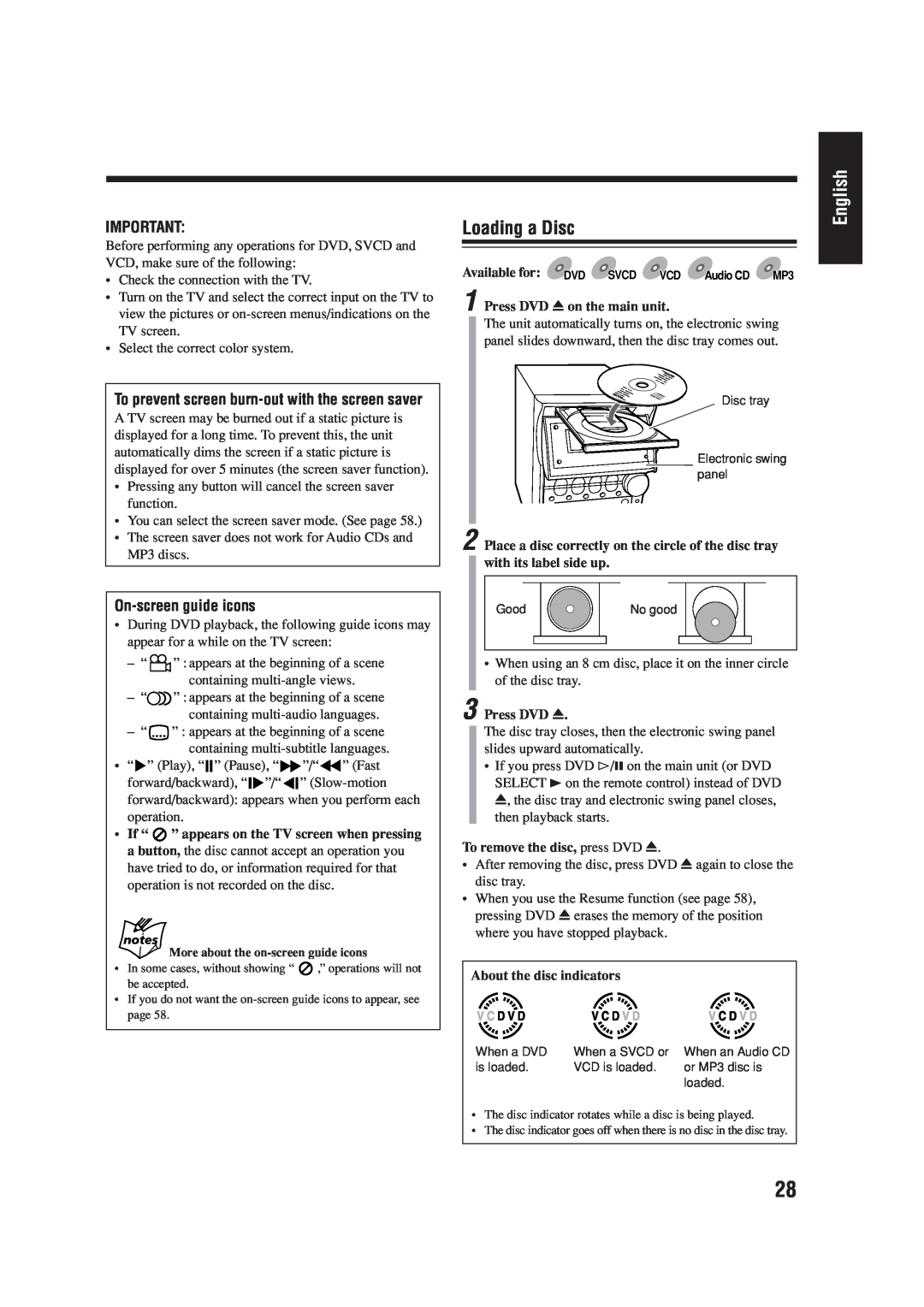 JVC LVT0954-007A manual Loading a Disc, English, On-screenguide icons, To prevent screen burn-outwith the screen saver 