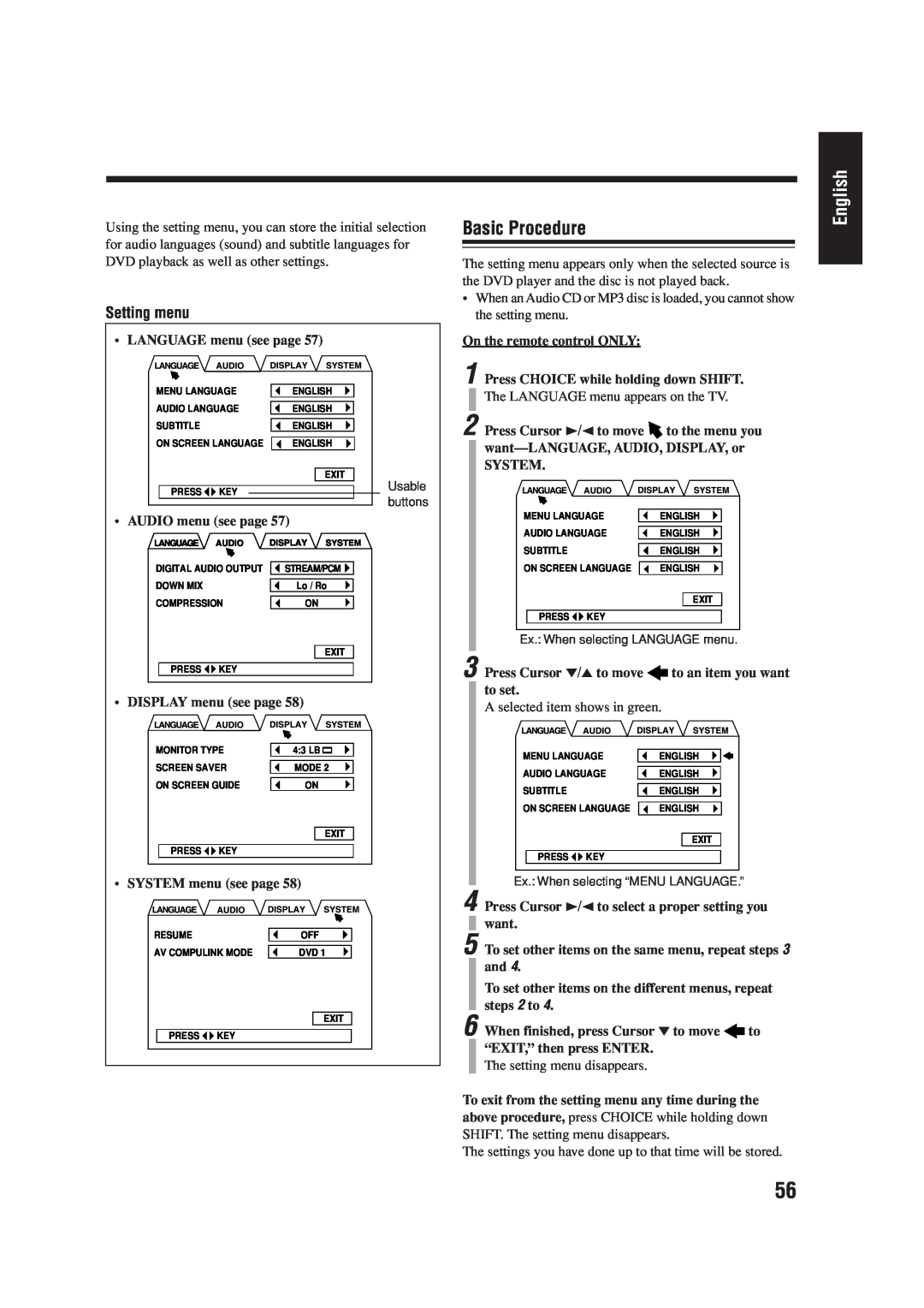 JVC LVT0954-007A manual Basic Procedure, English, Setting menu 