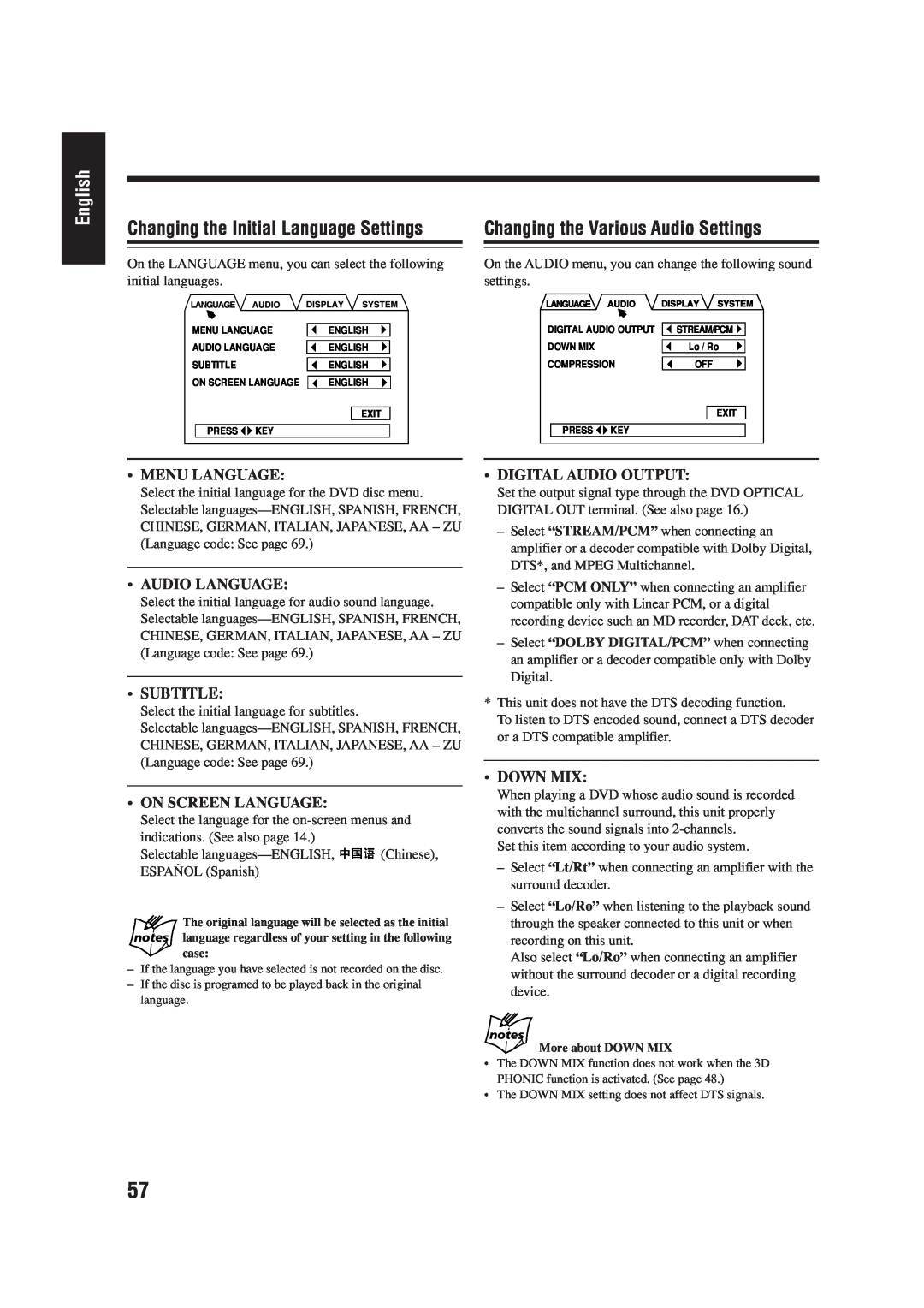 JVC LVT0954-007A manual Changing the Initial Language Settings, Changing the Various Audio Settings, English, Menu Language 