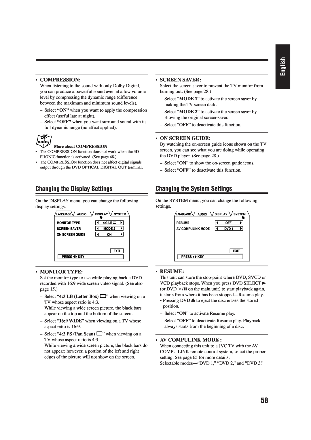JVC LVT0954-007A Changing the Display Settings, Changing the System Settings, English, Compression, Screen Saver, Resume 