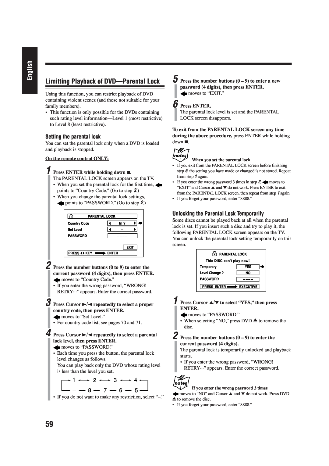 JVC LVT0954-007A manual Limitting Playback of DVD-ParentalLock, English, Setting the parental lock 
