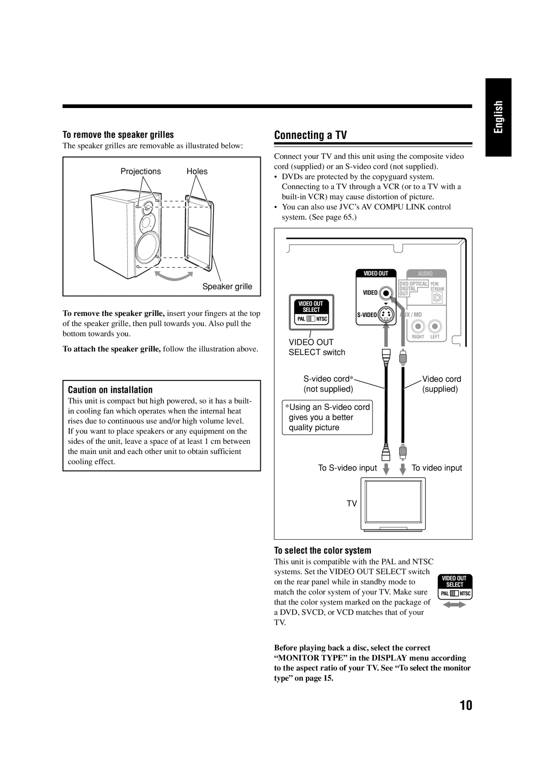 JVC 0303MWMMDWJEM, LVT0954-010A manual Connecting a TV, To remove the speaker grilles, To select the color system 