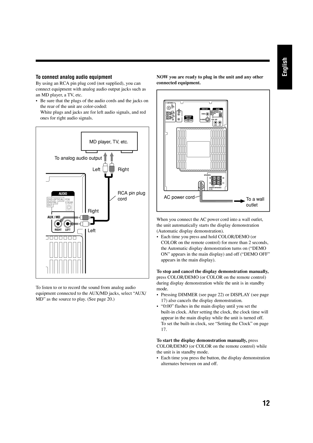 JVC 0303MWMMDWJEM, LVT0954-010A To connect analog audio equipment, To stop and cancel the display demonstration manually 