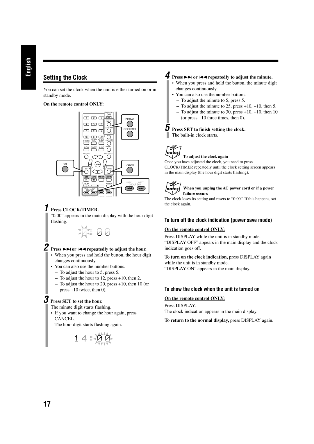 JVC LVT0954-010A, 0303MWMMDWJEM manual Setting the Clock, To turn off the clock indication power save mode 