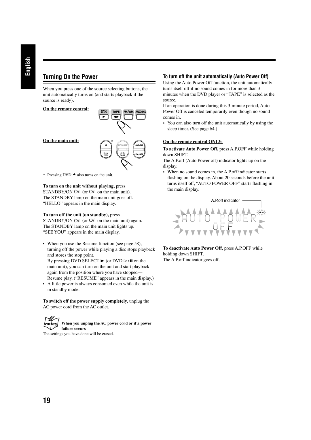 JVC LVT0954-010A, 0303MWMMDWJEM manual Turning On the Power, To turn off the unit automatically Auto Power Off 