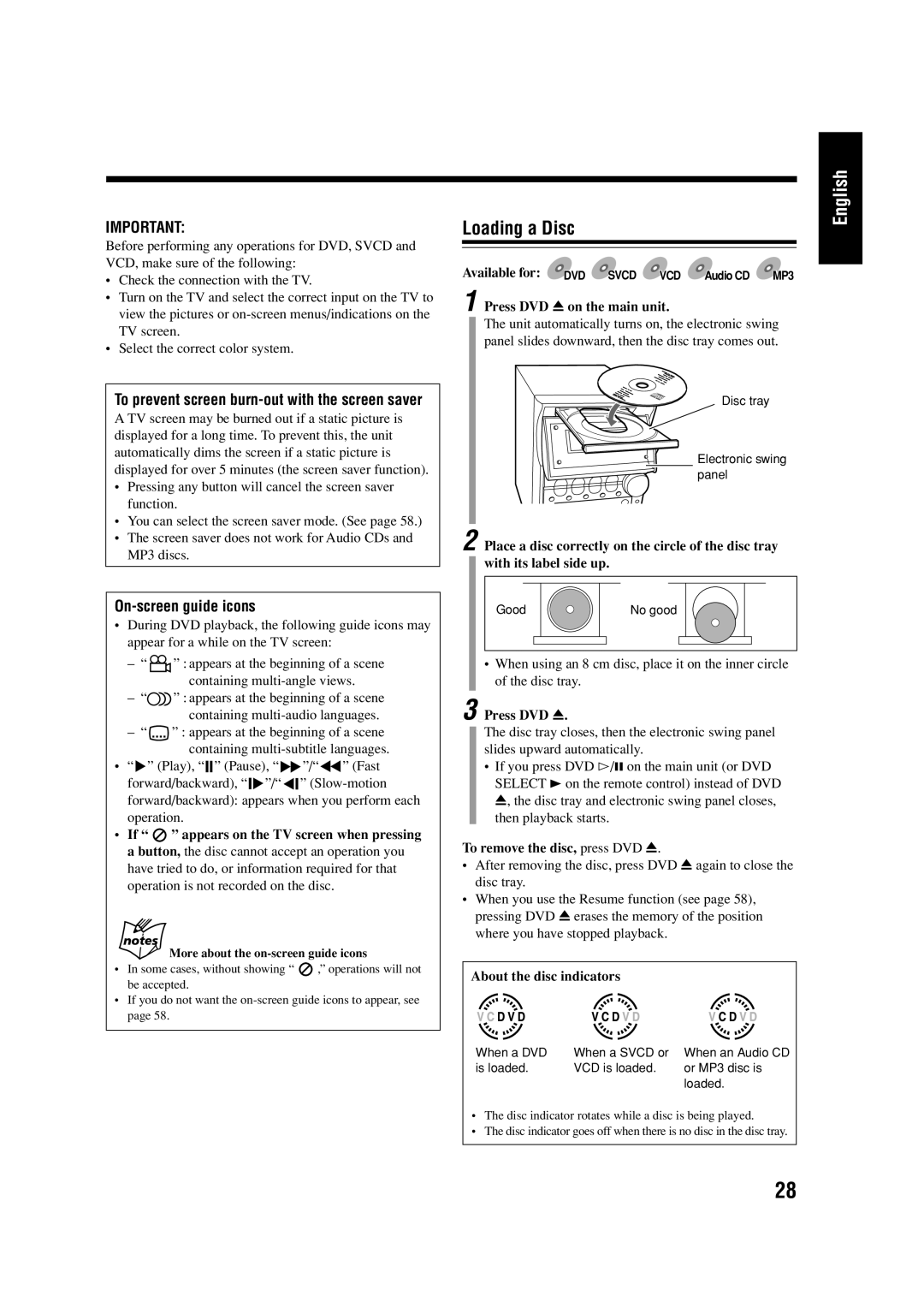 JVC 0303MWMMDWJEM, LVT0954-010A Loading a Disc, On-screen guide icons, To prevent screen burn-out with the screen saver 