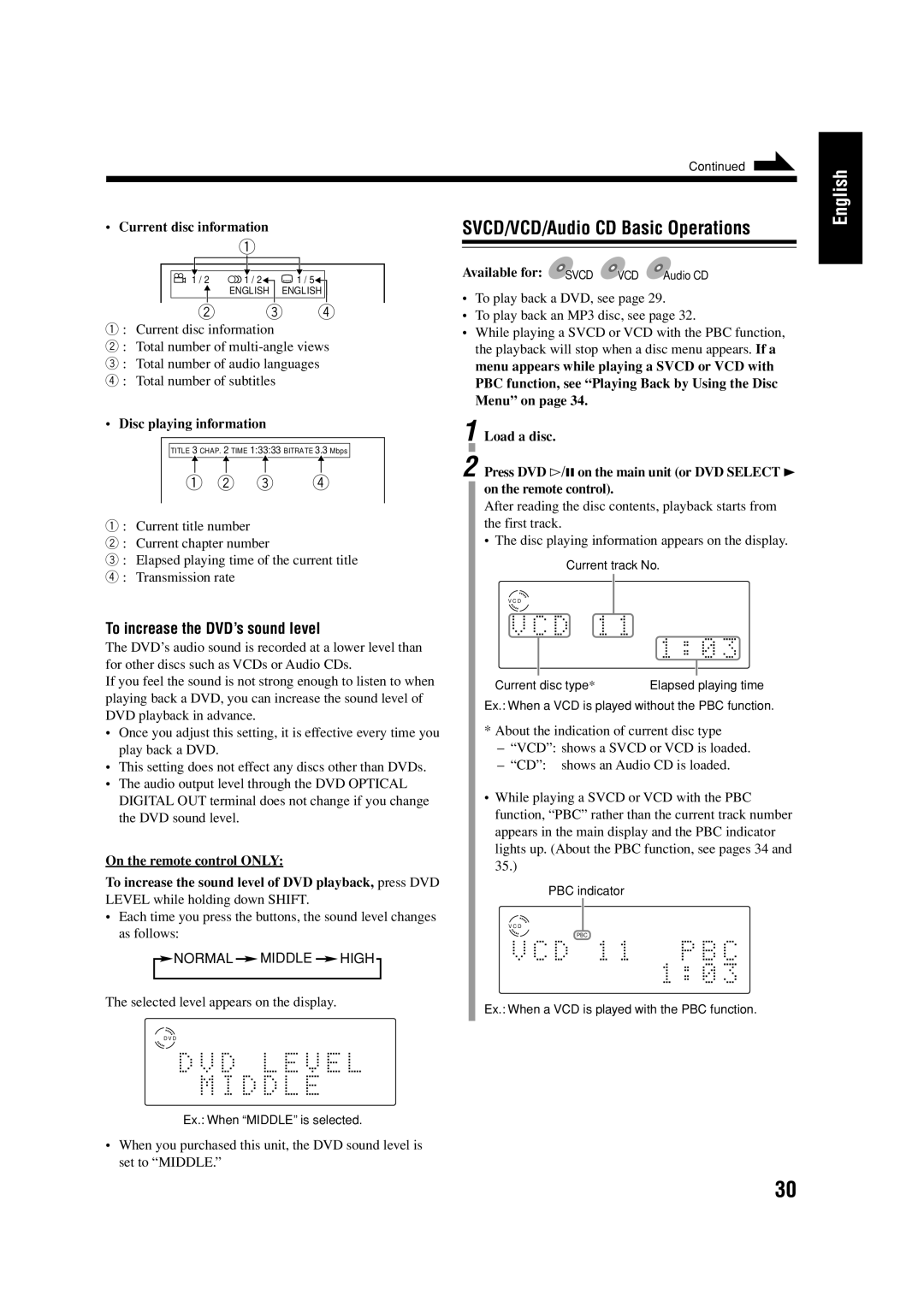 JVC 0303MWMMDWJEM manual SVCD/VCD/Audio CD Basic Operations, To increase the DVD’s sound level, Current disc information 