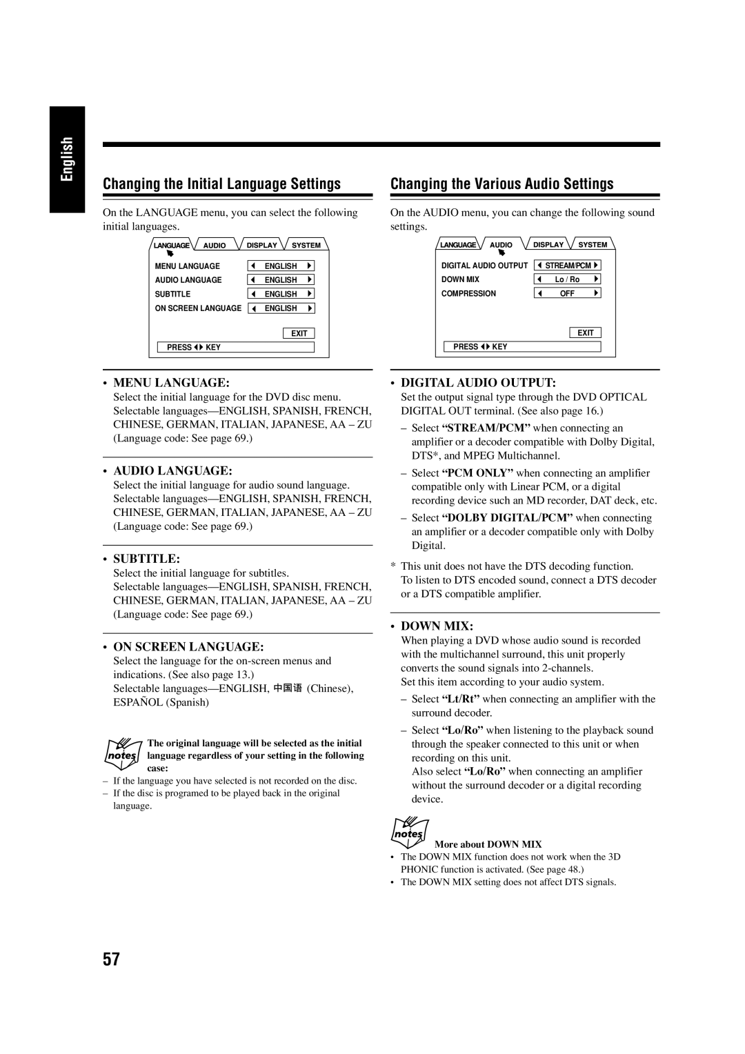 JVC LVT0954-010A manual Changing the Initial Language Settings, Changing the Various Audio Settings, More about Down MIX 