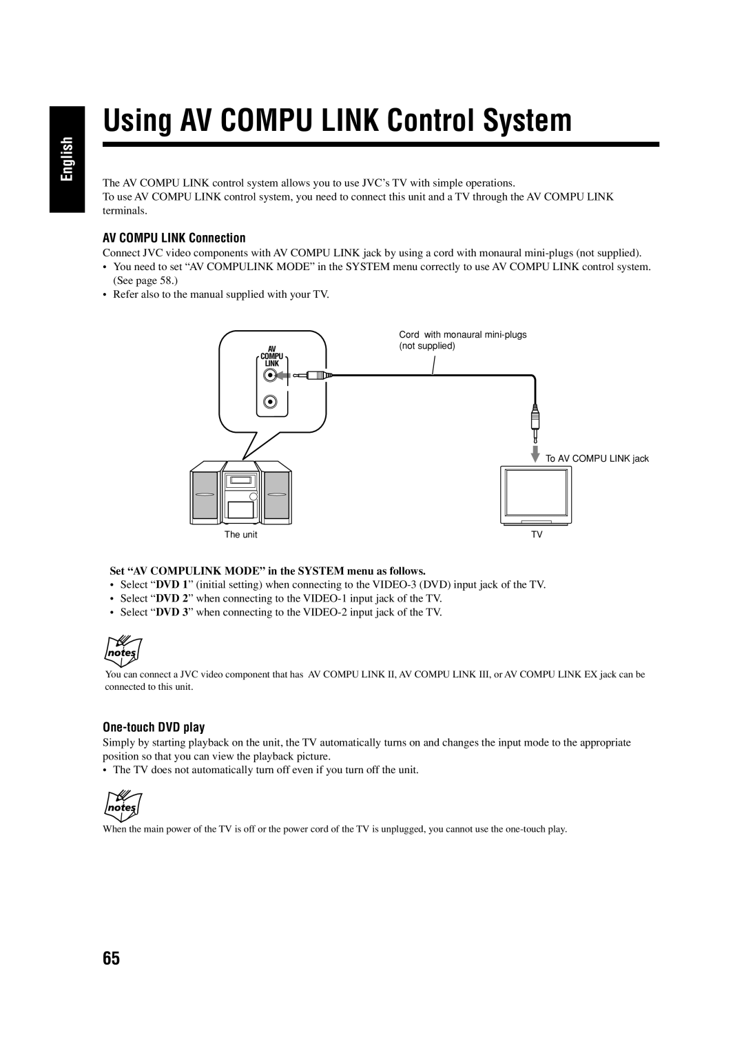 JVC LVT0954-010A, 0303MWMMDWJEM manual Using AV Compu Link Control System, AV Compu Link Connection, One-touch DVD play 